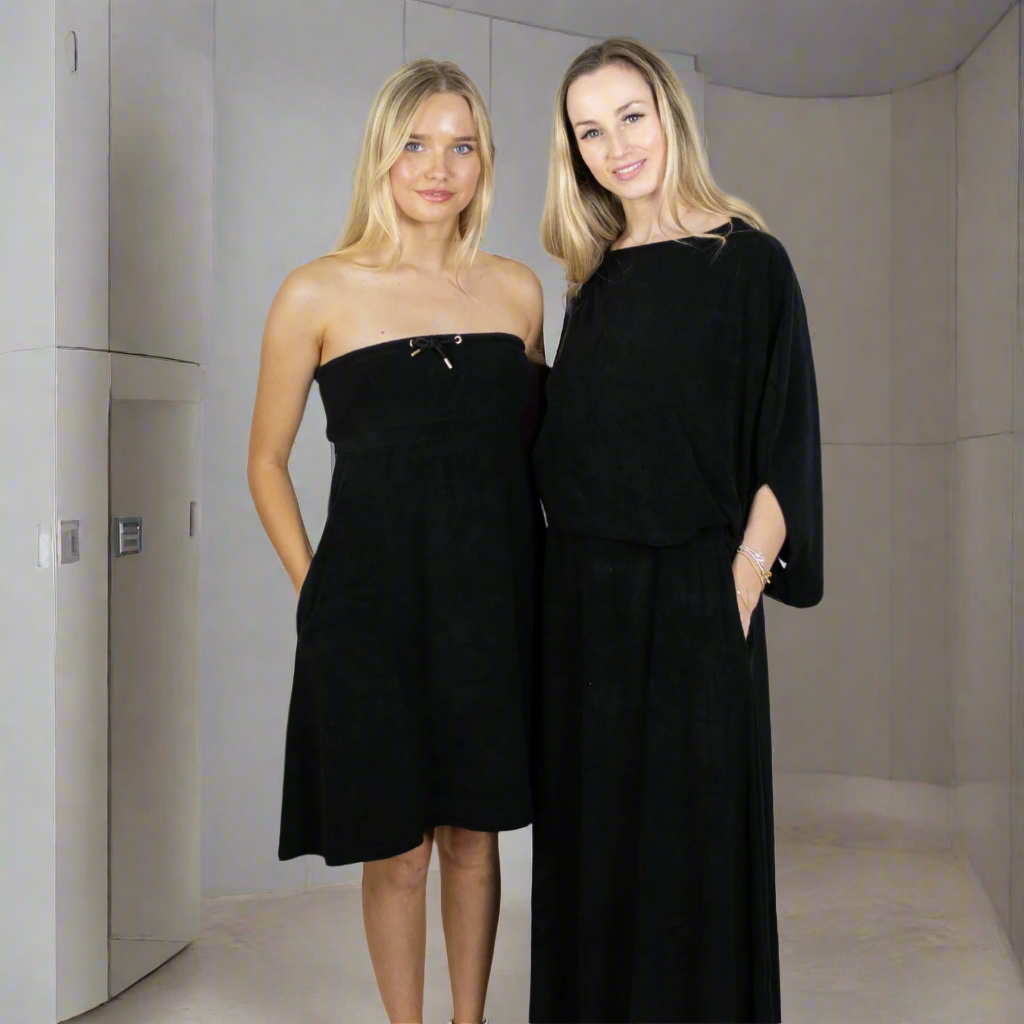 Dry Dolly long poncho – lightweight, stylish towelling clothing. Ultra absorbent to stay dry quickly after swimming or at the spa. Pair with long or short Dry Dolly Towel Dress