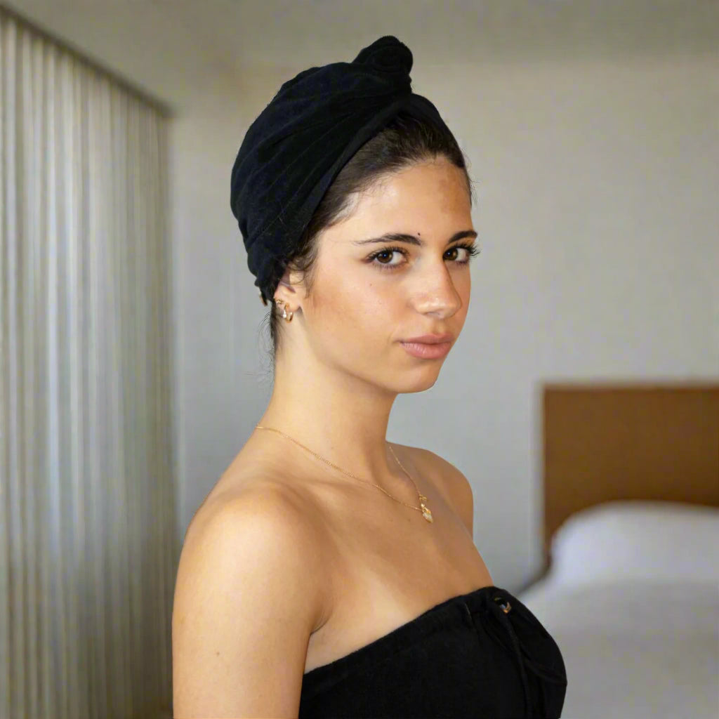 Quick-dry anti-frizz head towel – lightweight, elegant & finished with a gold button for an elevated look