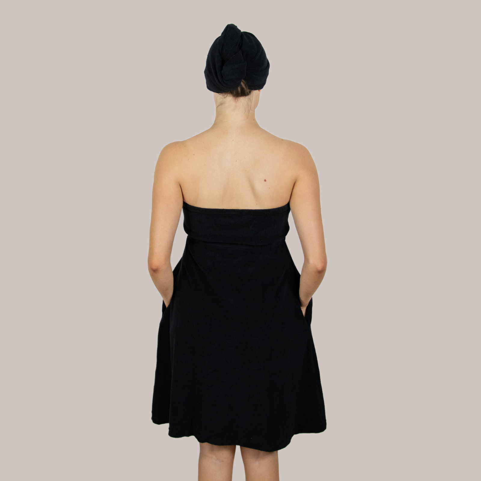 Dry Dolly Classic Dress – soft towelling, quick-drying - the ideal dress to wear whilst getting ready. Pair with matching hair towel.