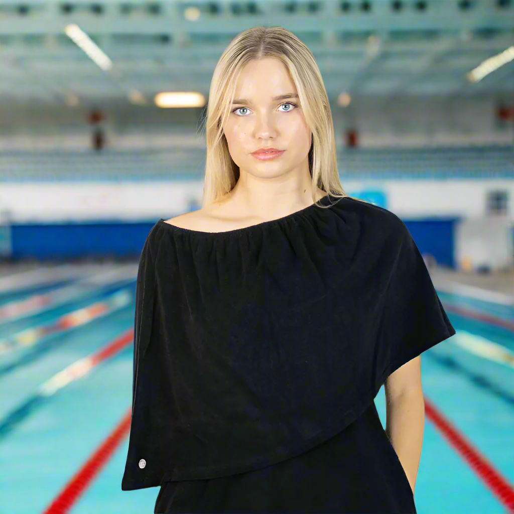 Stylish lightweight poncho – breathable, absorbent & perfect as a beach cover-up, maternity wrap, or post-swim layer. Can be worn 4 ways for style options.