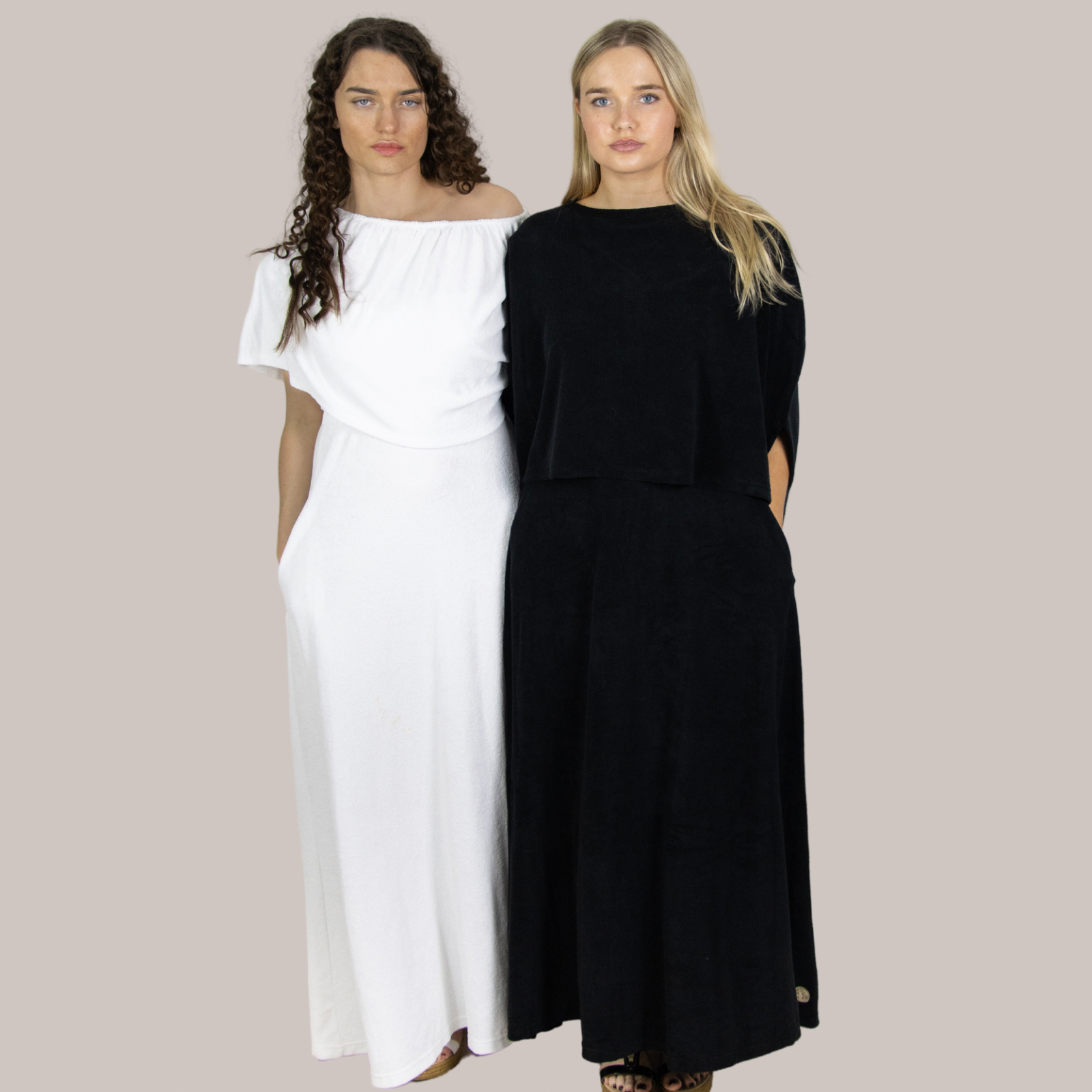 Elegant long towel dresses have soft towelling, quick-drying, and designed for effortless style at home, beach, bar or boat.Paired with the long or short Dry Dolly Ponchos for extra coverage.