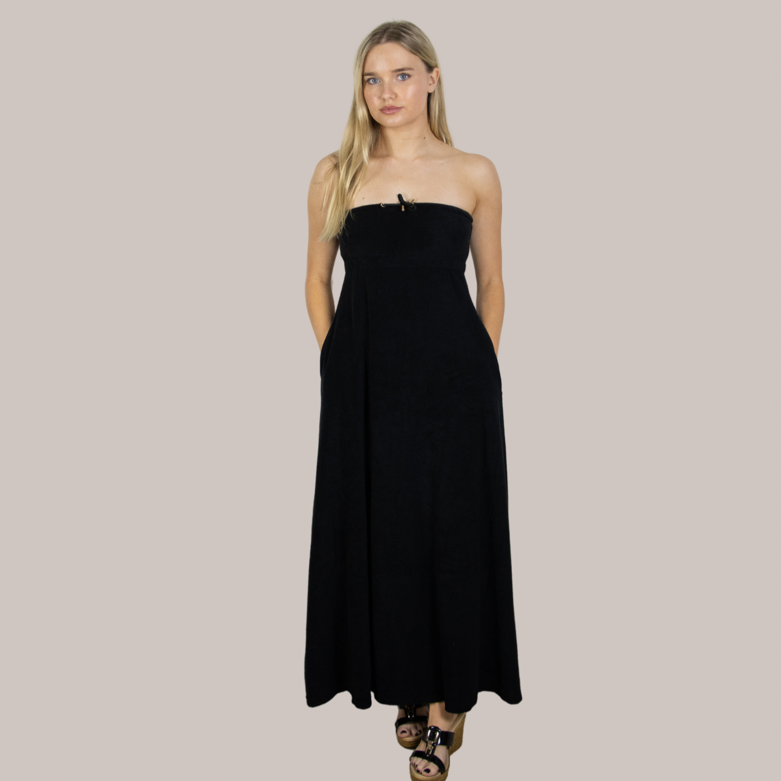 Elegant black long towel dress. Soft towelling, quick-drying, and designed for effortless style for maternity, at home, beach, bar or boat. Deep  pockets and bust support.