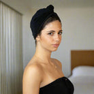 Quick-dry anti-frizz head towel – lightweight, elegant & finished with a gold button for an elevated look