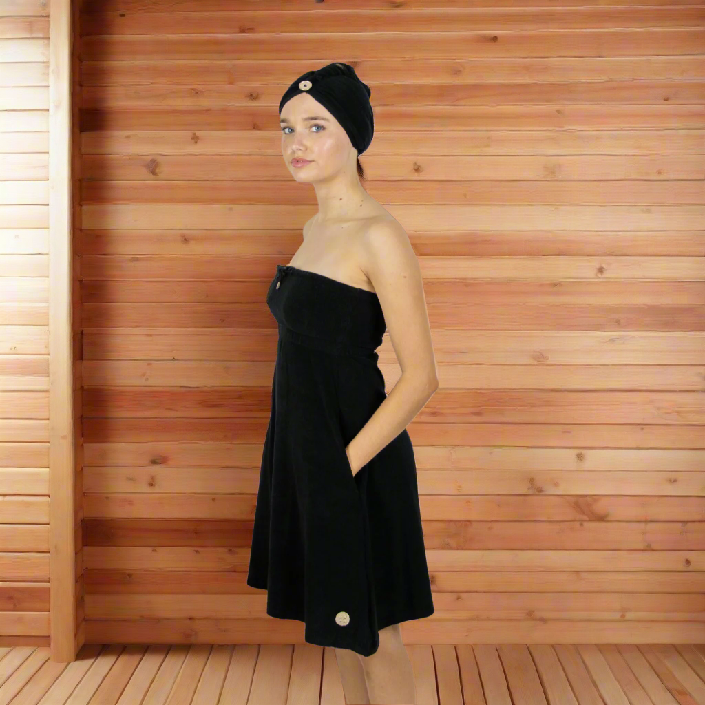 Elegant towel dress – lightweight, absorbent, and perfect for post-swim, beachside, or bar-to-boat transitions.