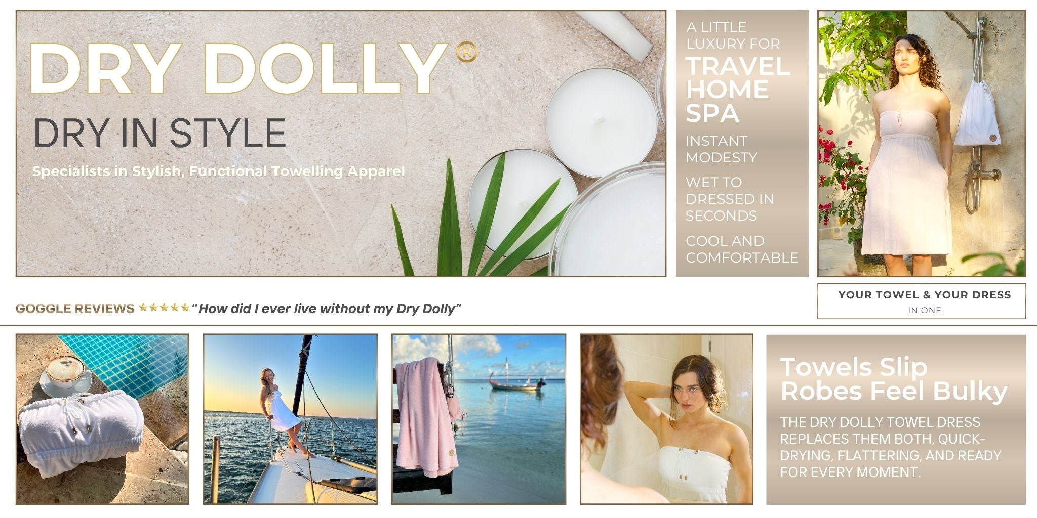 Dry Dolly towel dress homepage banner for the UAE — showing women wearing the stylish drying dress for home, spa, and travel comfort with the tagline “Instant Modesty. Cool and Comfortable.”