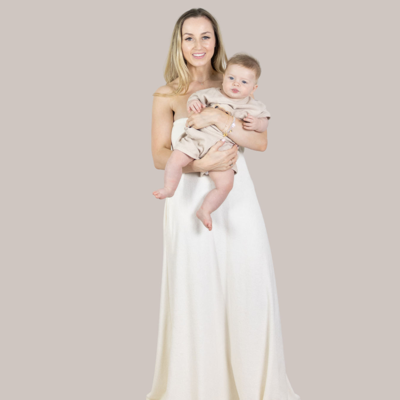 Elegant cream long towel dress. Soft towelling, quick-drying, and designed for effortless style for maternity, at home, beach, bar or boat.